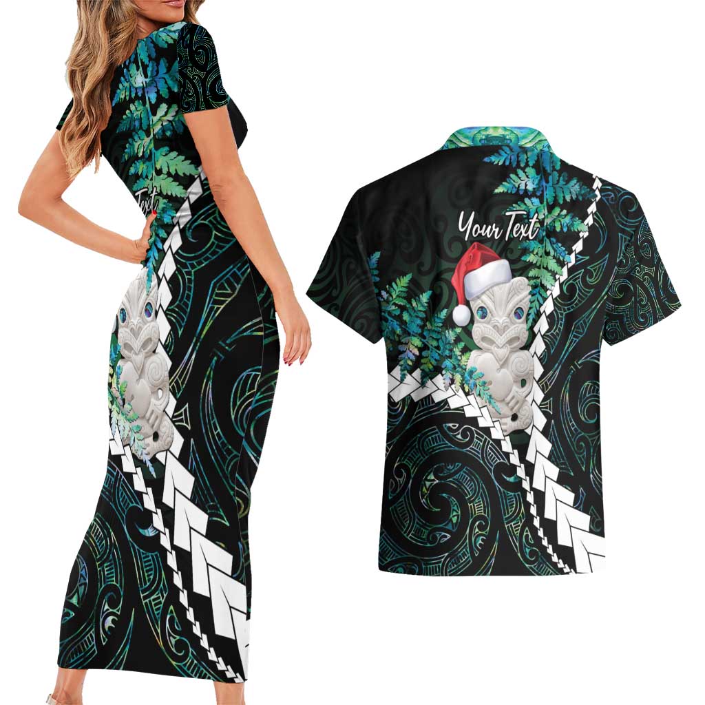 New Zealand Personalised Couples Matching Short Sleeve Bodycon Dress and Hawaiian Shirt Meri Kirihimete Kowhaiwhai Mix Paua Shell - Emerald LT7 - Polynesian Pride
