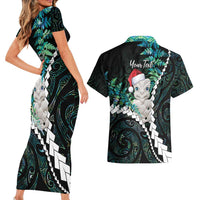 New Zealand Personalised Couples Matching Short Sleeve Bodycon Dress and Hawaiian Shirt Meri Kirihimete Kowhaiwhai Mix Paua Shell - Emerald LT7 - Polynesian Pride