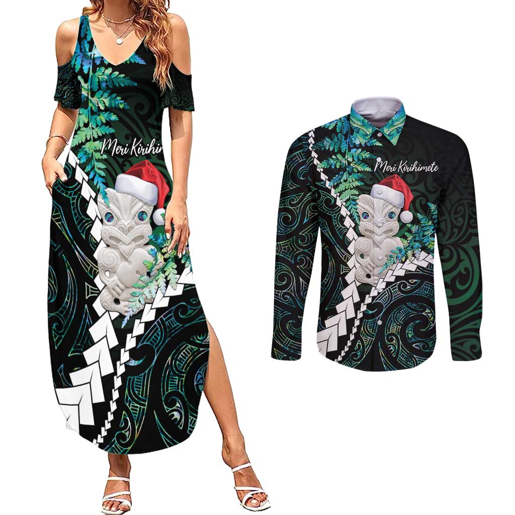 New Zealand Personalised Couples Matching Summer Maxi Dress and Long Sleeve Button Shirt Meri Kirihimete Kowhaiwhai Mix Paua Shell - Emerald LT7 Green - Polynesian Pride