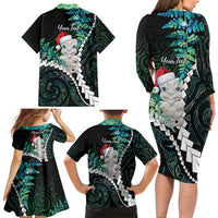 New Zealand Personalised Family Matching Long Sleeve Bodycon Dress and Hawaiian Shirt Meri Kirihimete Kowhaiwhai Mix Paua Shell - Emerald LT7 - Polynesian Pride