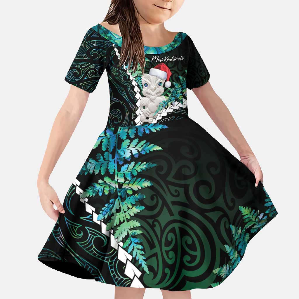 New Zealand Personalised Family Matching Mermaid Dress and Hawaiian Shirt Meri Kirihimete Kowhaiwhai Mix Paua Shell - Emerald LT7 Daughter's Dress Green - Polynesian Pride