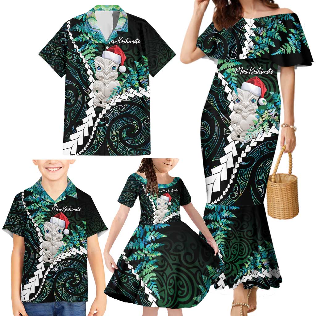 New Zealand Personalised Family Matching Mermaid Dress and Hawaiian Shirt Meri Kirihimete Kowhaiwhai Mix Paua Shell - Emerald LT7 - Polynesian Pride