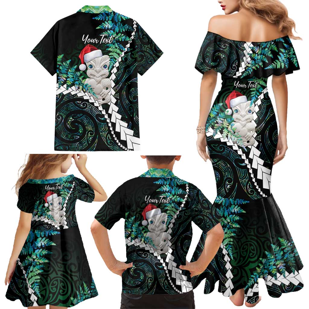 New Zealand Personalised Family Matching Mermaid Dress and Hawaiian Shirt Meri Kirihimete Kowhaiwhai Mix Paua Shell - Emerald LT7 - Polynesian Pride