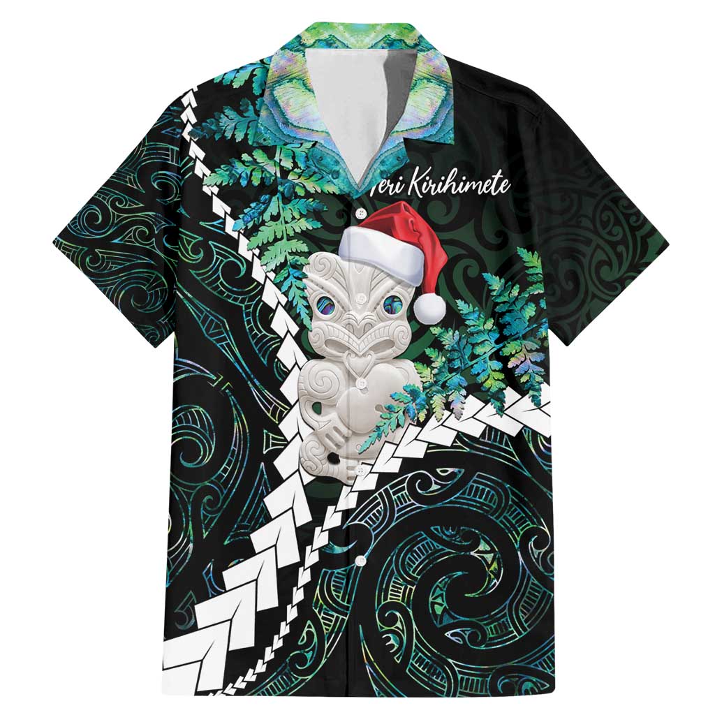 New Zealand Personalised Family Matching Mermaid Dress and Hawaiian Shirt Meri Kirihimete Kowhaiwhai Mix Paua Shell - Emerald LT7 Dad's Shirt - Short Sleeve Green - Polynesian Pride