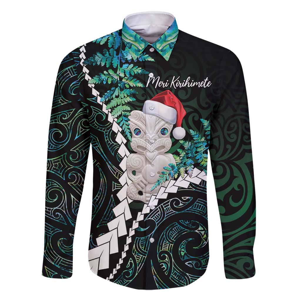 New Zealand Personalised Family Matching Mermaid Dress and Hawaiian Shirt Meri Kirihimete Kowhaiwhai Mix Paua Shell - Emerald LT7 Dad's Shirt - Long Sleeve Green - Polynesian Pride