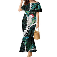 New Zealand Personalised Family Matching Mermaid Dress and Hawaiian Shirt Meri Kirihimete Kowhaiwhai Mix Paua Shell - Emerald LT7 Mom's Dress Green - Polynesian Pride