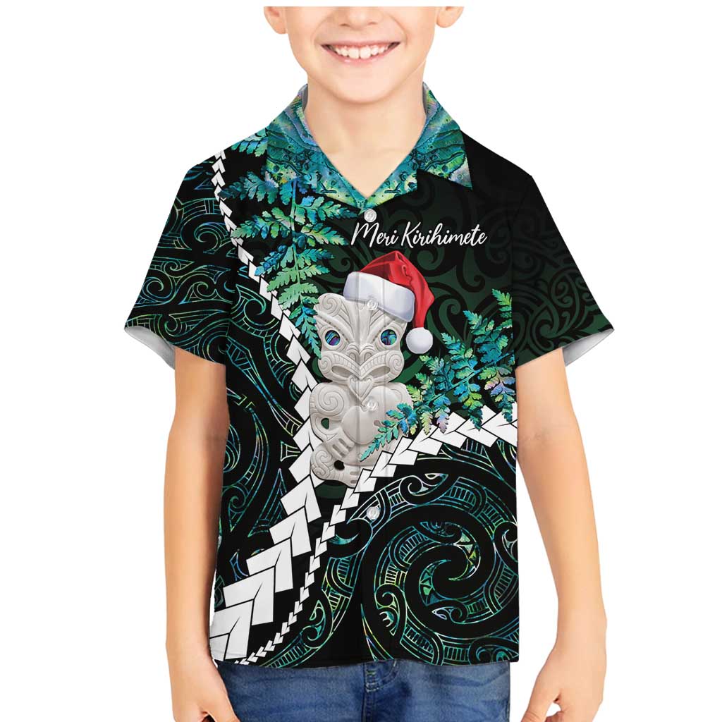 New Zealand Personalised Family Matching Mermaid Dress and Hawaiian Shirt Meri Kirihimete Kowhaiwhai Mix Paua Shell - Emerald LT7 Son's Shirt Green - Polynesian Pride
