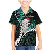 New Zealand Personalised Family Matching Mermaid Dress and Hawaiian Shirt Meri Kirihimete Kowhaiwhai Mix Paua Shell - Emerald LT7 Son's Shirt Green - Polynesian Pride