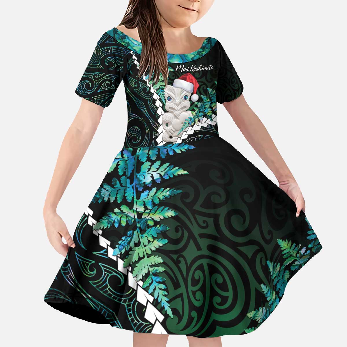 New Zealand Personalised Family Matching Off The Shoulder Long Sleeve Dress and Hawaiian Shirt Meri Kirihimete Kowhaiwhai Mix Paua Shell - Emerald LT7 Daughter's Dress Green - Polynesian Pride