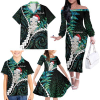 New Zealand Personalised Family Matching Off The Shoulder Long Sleeve Dress and Hawaiian Shirt Meri Kirihimete Kowhaiwhai Mix Paua Shell - Emerald LT7 - Polynesian Pride