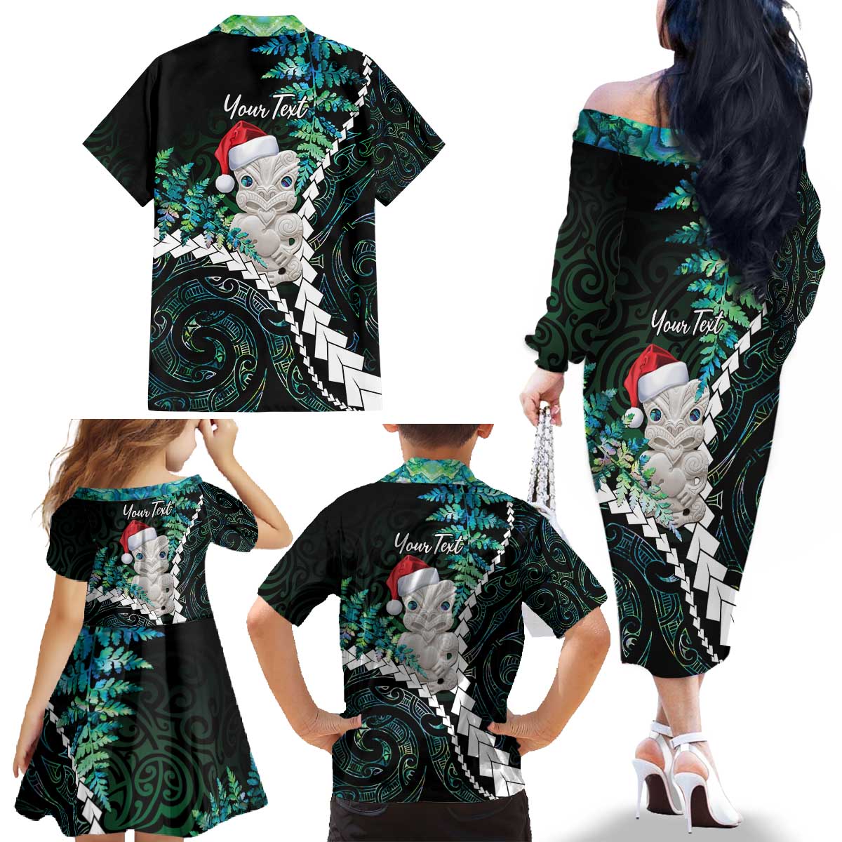 New Zealand Personalised Family Matching Off The Shoulder Long Sleeve Dress and Hawaiian Shirt Meri Kirihimete Kowhaiwhai Mix Paua Shell - Emerald LT7 - Polynesian Pride