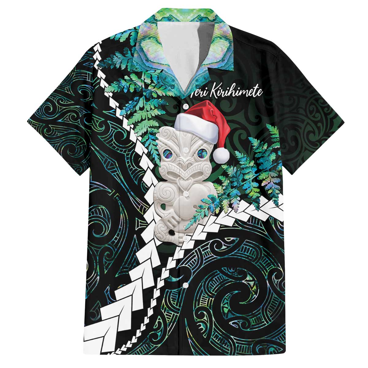 New Zealand Personalised Family Matching Off The Shoulder Long Sleeve Dress and Hawaiian Shirt Meri Kirihimete Kowhaiwhai Mix Paua Shell - Emerald LT7 Dad's Shirt - Short Sleeve Green - Polynesian Pride