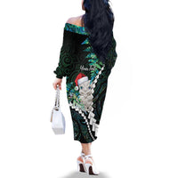 New Zealand Personalised Family Matching Off The Shoulder Long Sleeve Dress and Hawaiian Shirt Meri Kirihimete Kowhaiwhai Mix Paua Shell - Emerald LT7 - Polynesian Pride
