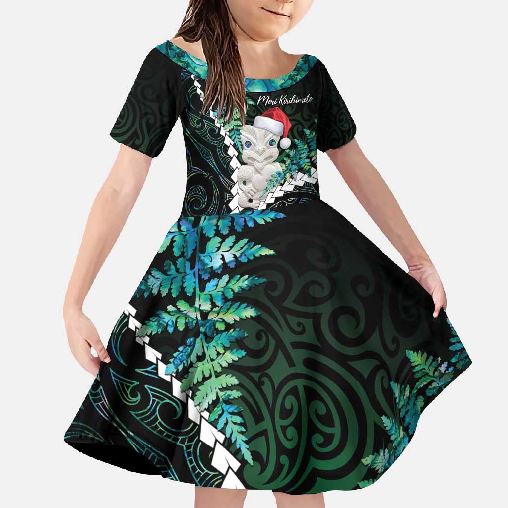 New Zealand Personalised Family Matching Off Shoulder Maxi Dress and Hawaiian Shirt Meri Kirihimete Kowhaiwhai Mix Paua Shell - Emerald LT7 Daughter's Dress Green - Polynesian Pride