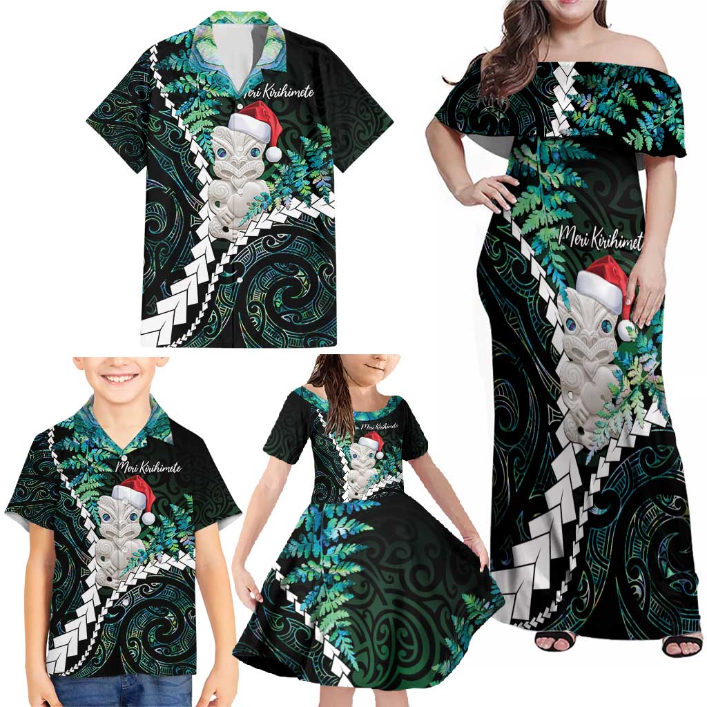 New Zealand Personalised Family Matching Off Shoulder Maxi Dress and Hawaiian Shirt Meri Kirihimete Kowhaiwhai Mix Paua Shell - Emerald LT7 - Polynesian Pride
