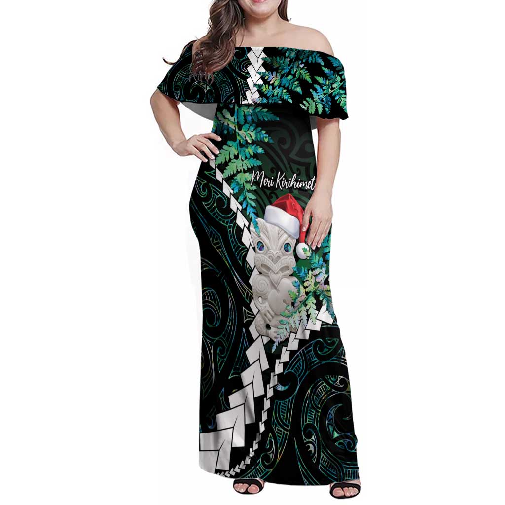 New Zealand Personalised Family Matching Off Shoulder Maxi Dress and Hawaiian Shirt Meri Kirihimete Kowhaiwhai Mix Paua Shell - Emerald LT7 Mom's Dress Green - Polynesian Pride