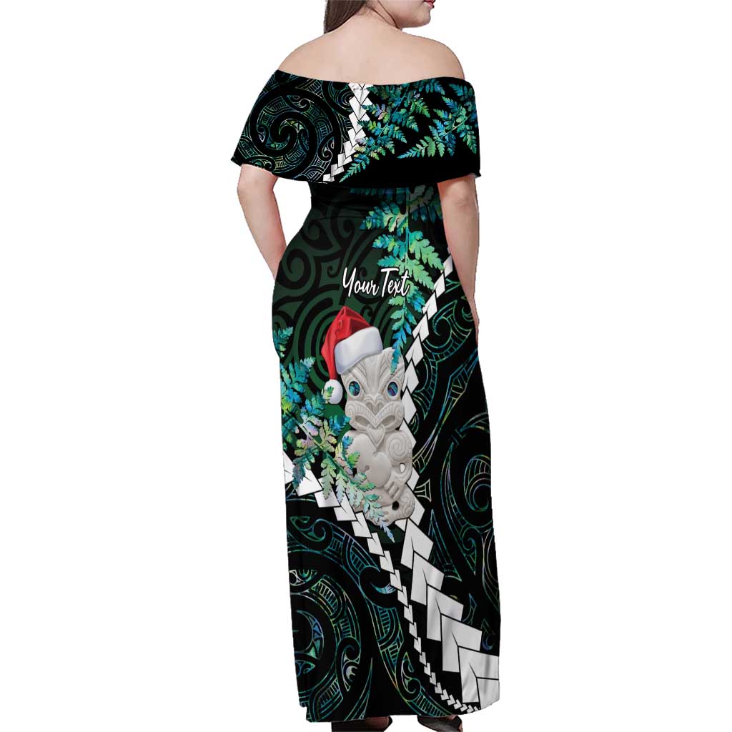 New Zealand Personalised Family Matching Off Shoulder Maxi Dress and Hawaiian Shirt Meri Kirihimete Kowhaiwhai Mix Paua Shell - Emerald LT7 - Polynesian Pride