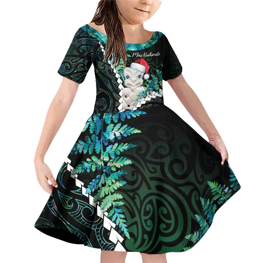 New Zealand Personalised Family Matching Off Shoulder Short Dress and Hawaiian Shirt Meri Kirihimete Kowhaiwhai Mix Paua Shell - Emerald LT7 Daughter's Dress Green - Polynesian Pride