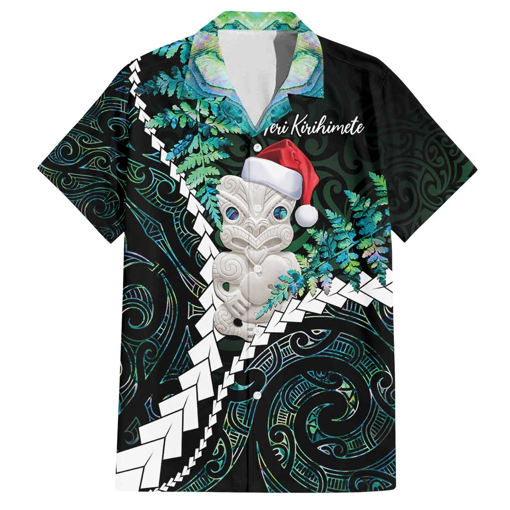 New Zealand Personalised Family Matching Off Shoulder Short Dress and Hawaiian Shirt Meri Kirihimete Kowhaiwhai Mix Paua Shell - Emerald LT7 Dad's Shirt - Short Sleeve Green - Polynesian Pride