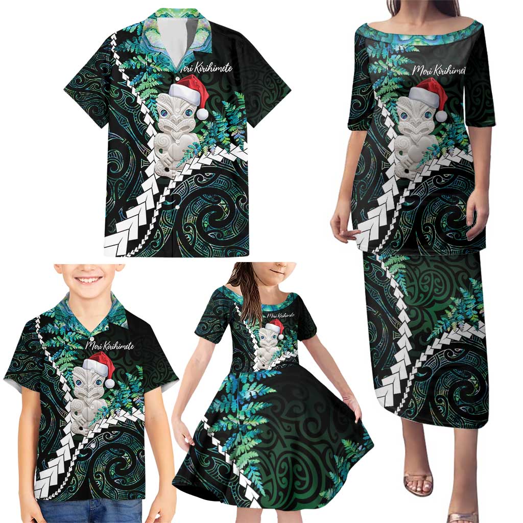 New Zealand Personalised Family Matching Puletasi and Hawaiian Shirt Meri Kirihimete Kowhaiwhai Mix Paua Shell - Emerald LT7 - Polynesian Pride