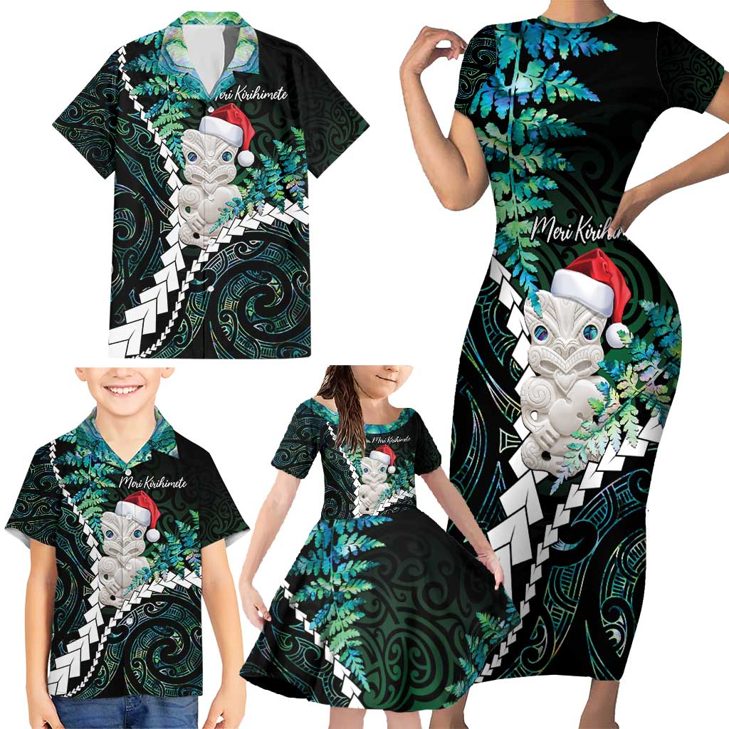 New Zealand Personalised Family Matching Short Sleeve Bodycon Dress and Hawaiian Shirt Meri Kirihimete Kowhaiwhai Mix Paua Shell - Emerald LT7 - Polynesian Pride