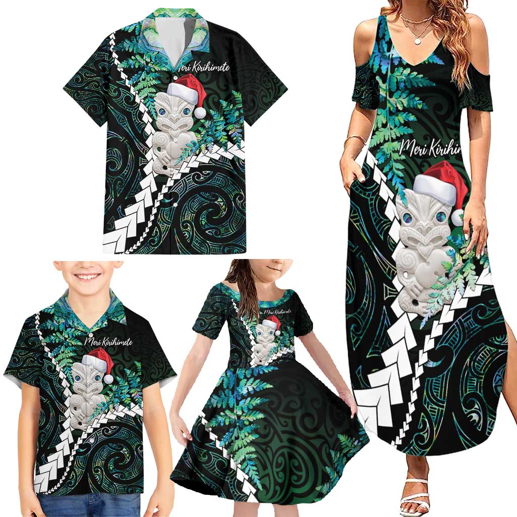 New Zealand Personalised Family Matching Summer Maxi Dress and Hawaiian Shirt Meri Kirihimete Kowhaiwhai Mix Paua Shell - Emerald LT7 - Polynesian Pride