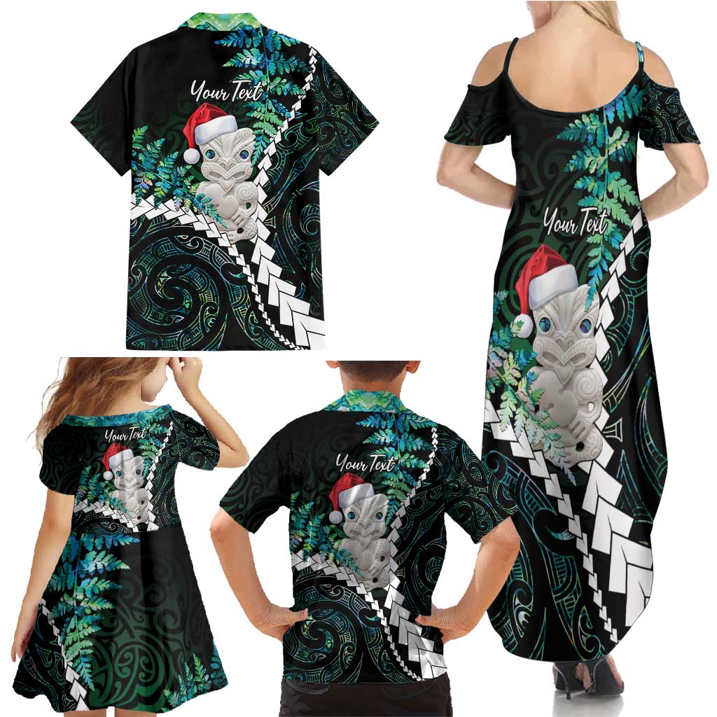 New Zealand Personalised Family Matching Summer Maxi Dress and Hawaiian Shirt Meri Kirihimete Kowhaiwhai Mix Paua Shell - Emerald LT7 - Polynesian Pride