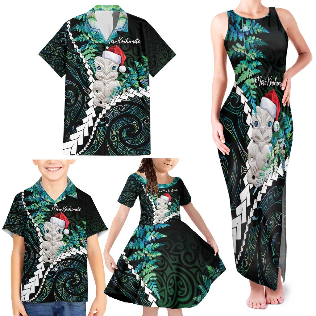 New Zealand Personalised Family Matching Tank Maxi Dress and Hawaiian Shirt Meri Kirihimete Kowhaiwhai Mix Paua Shell - Emerald LT7 - Polynesian Pride
