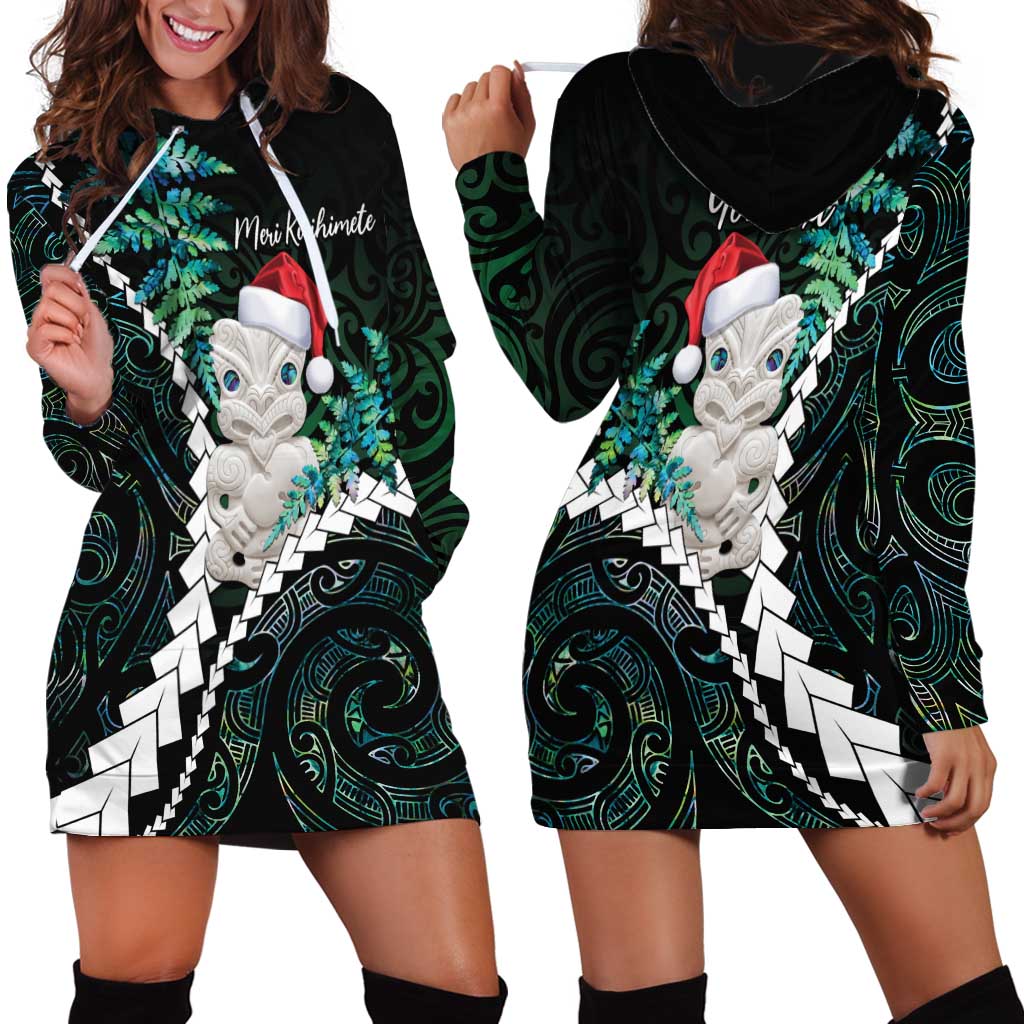 New Zealand Personalised Hoodie Dress Meri Kirihimete Kowhaiwhai Mix Paua Shell - Emerald