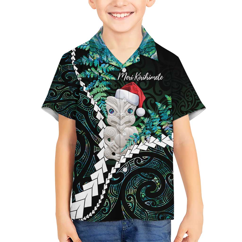 New Zealand Personalised Kid Hawaiian Shirt Meri Kirihimete Kowhaiwhai Mix Paua Shell - Emerald LT7 Kid Green - Polynesian Pride