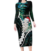 New Zealand Personalised Long Sleeve Bodycon Dress Meri Kirihimete Kowhaiwhai Mix Paua Shell - Emerald LT7 Long Dress Green - Polynesian Pride
