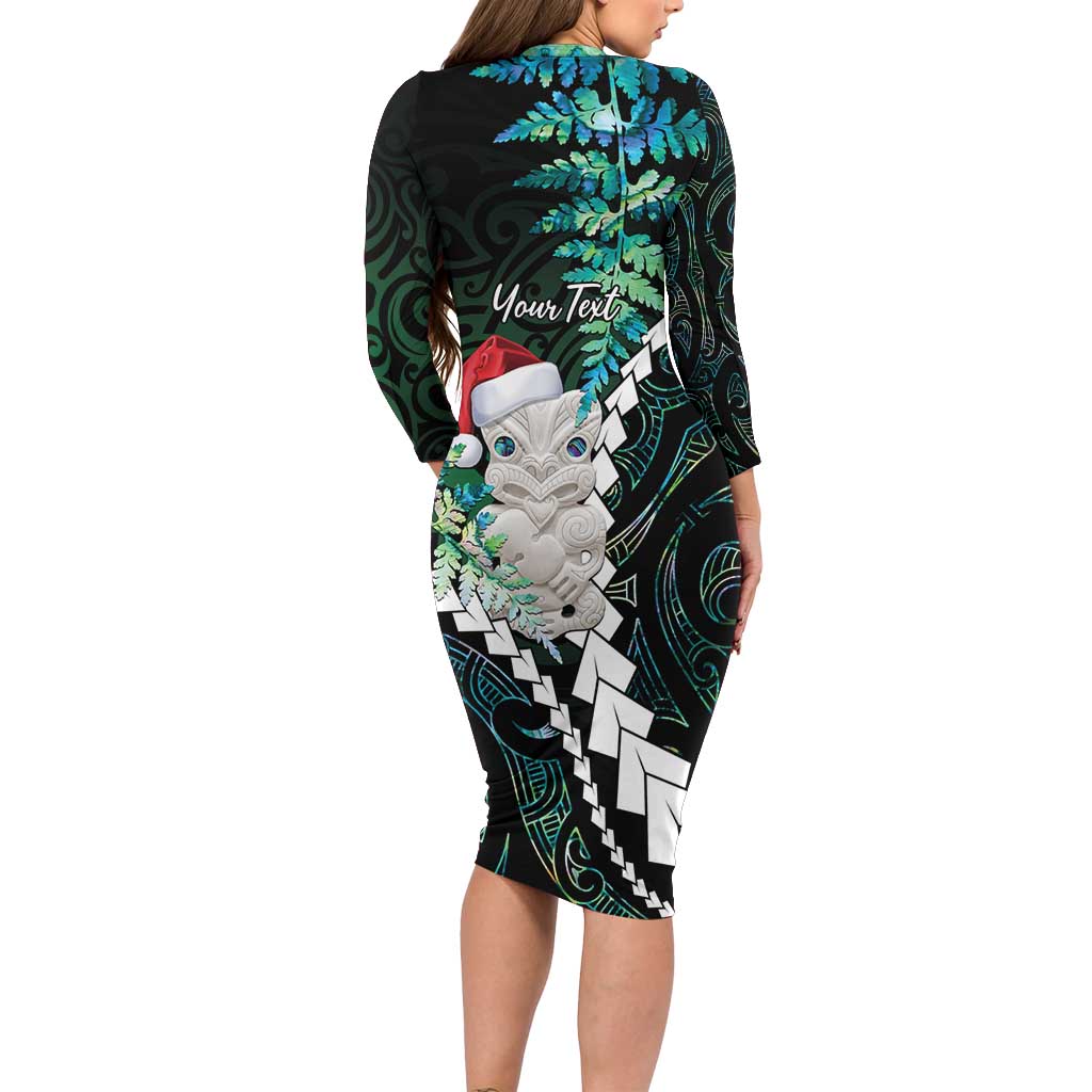 New Zealand Personalised Long Sleeve Bodycon Dress Meri Kirihimete Kowhaiwhai Mix Paua Shell - Emerald LT7 - Polynesian Pride