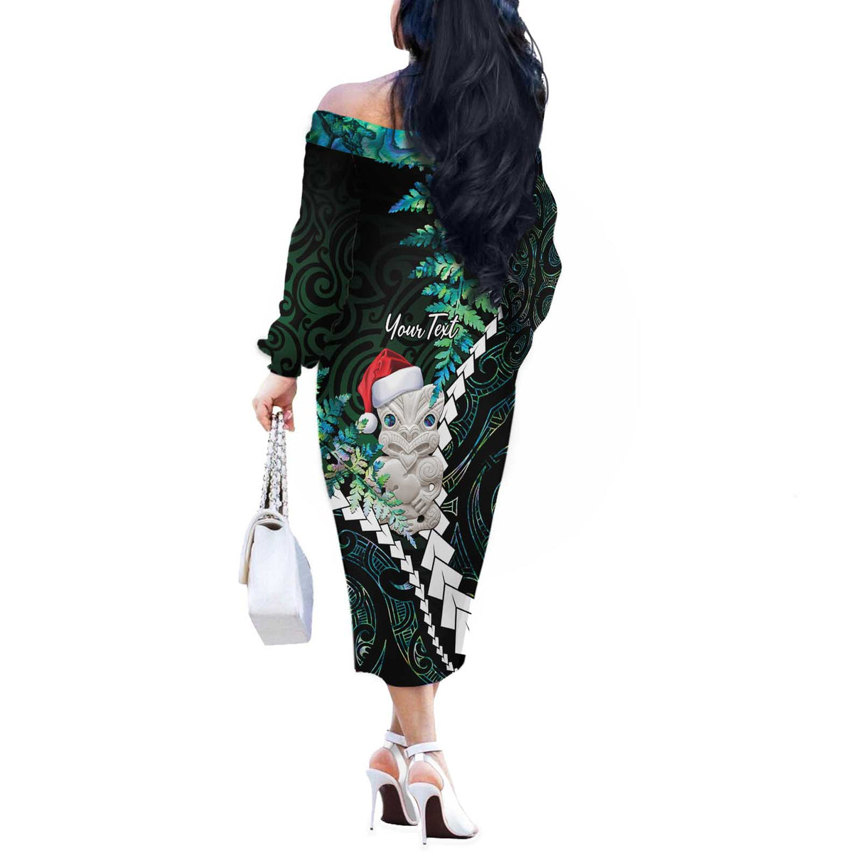 New Zealand Personalised Off The Shoulder Long Sleeve Dress Meri Kirihimete Kowhaiwhai Mix Paua Shell - Emerald LT7 - Polynesian Pride