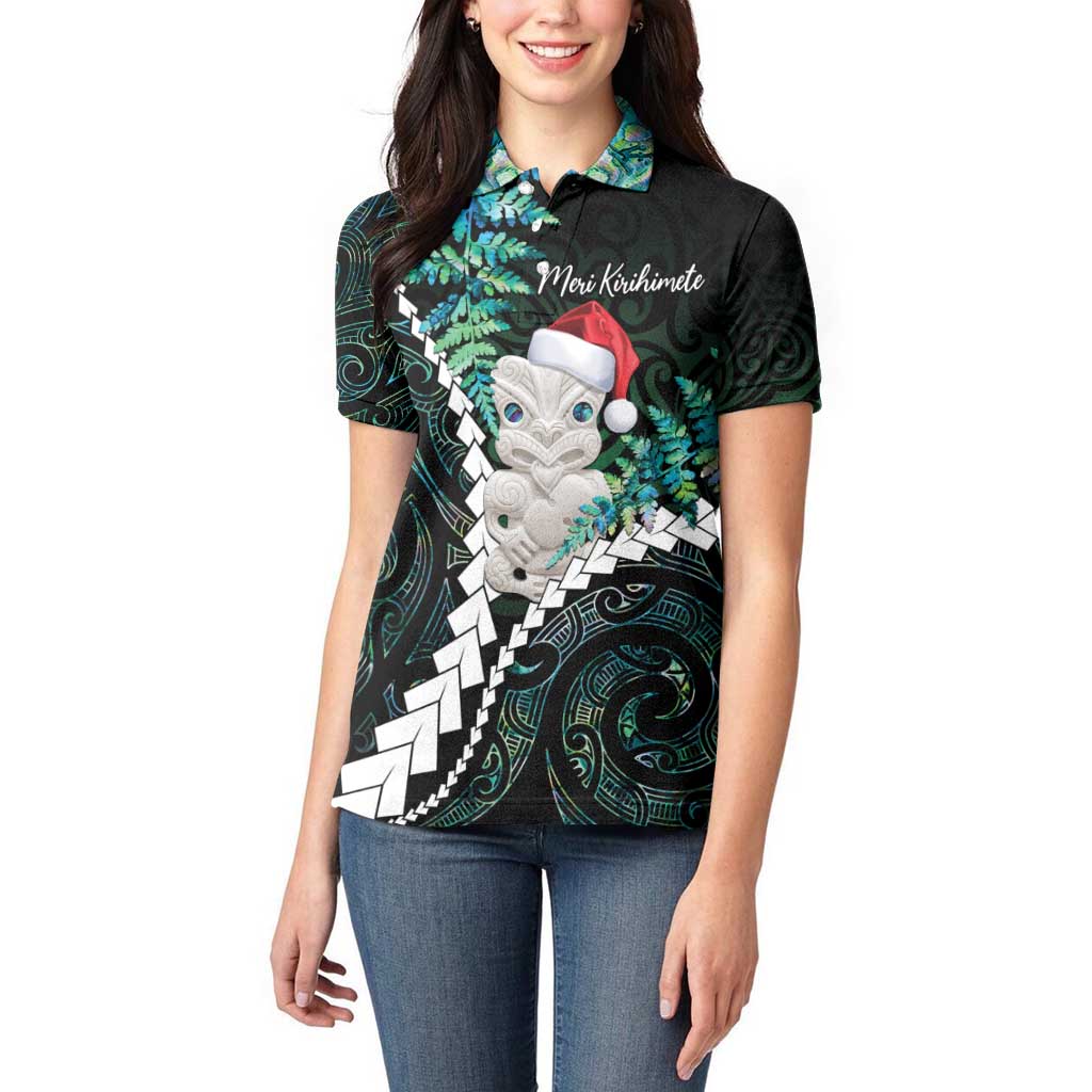 New Zealand Personalised Women Polo Shirt Meri Kirihimete Kowhaiwhai Mix Paua Shell - Emerald LT7 - Polynesian Pride