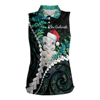 New Zealand Personalised Women Sleeveless Polo Shirt Meri Kirihimete Kowhaiwhai Mix Paua Shell - Emerald