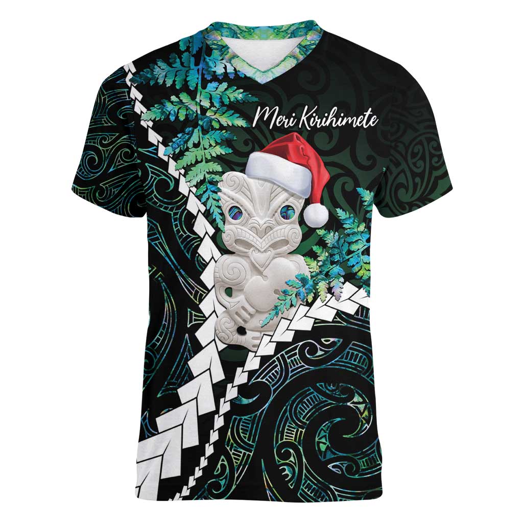 New Zealand Personalised Women V-Neck T-Shirt Meri Kirihimete Kowhaiwhai Mix Paua Shell - Emerald