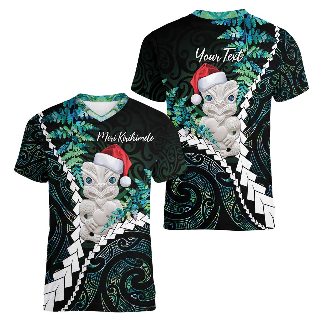 New Zealand Personalised Women V-Neck T-Shirt Meri Kirihimete Kowhaiwhai Mix Paua Shell - Emerald