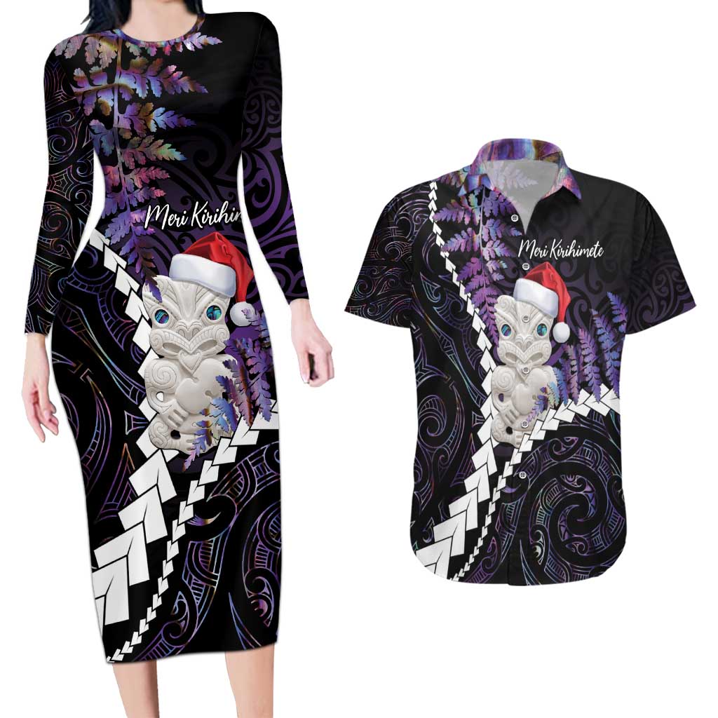 New Zealand Personalised Couples Matching Long Sleeve Bodycon Dress and Hawaiian Shirt Meri Kirihimete Kowhaiwhai Mix Paua Shell - Amethys LT7 Purple - Polynesian Pride