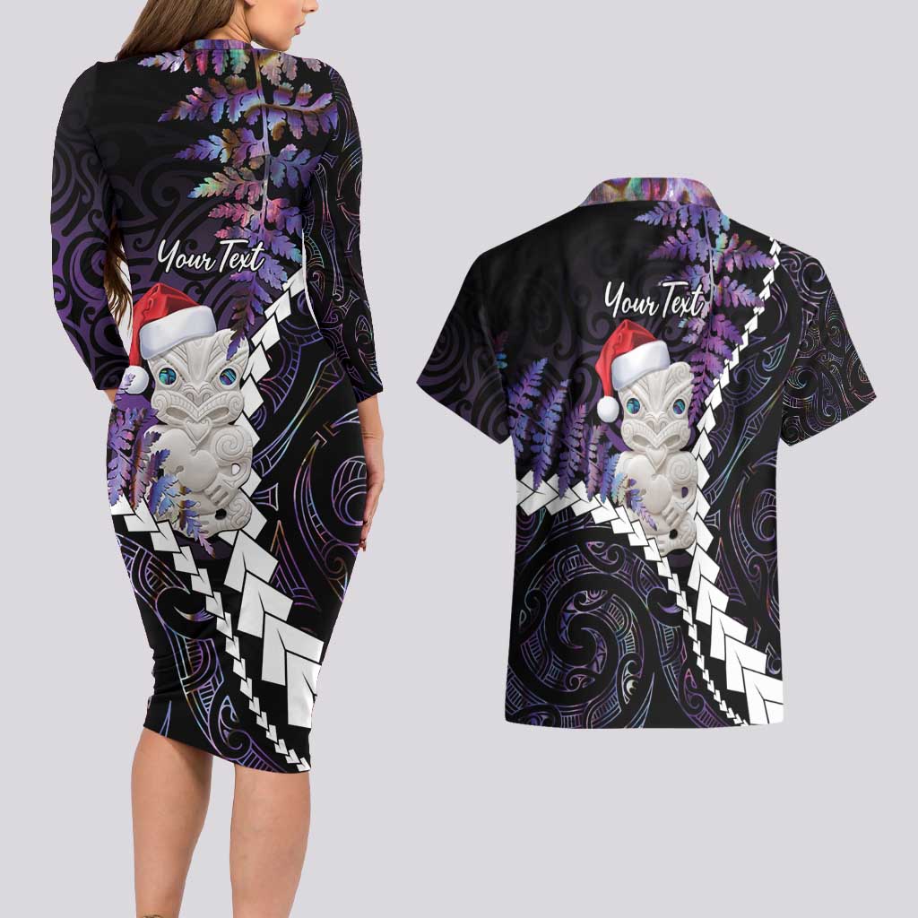 New Zealand Personalised Couples Matching Long Sleeve Bodycon Dress and Hawaiian Shirt Meri Kirihimete Kowhaiwhai Mix Paua Shell - Amethys LT7 - Polynesian Pride