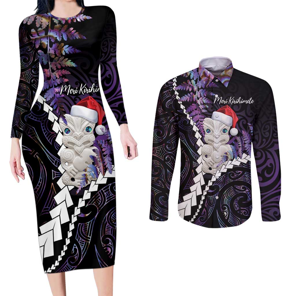 New Zealand Personalised Couples Matching Long Sleeve Bodycon Dress and Long Sleeve Button Shirt Meri Kirihimete Kowhaiwhai Mix Paua Shell - Amethys LT7 Purple - Polynesian Pride