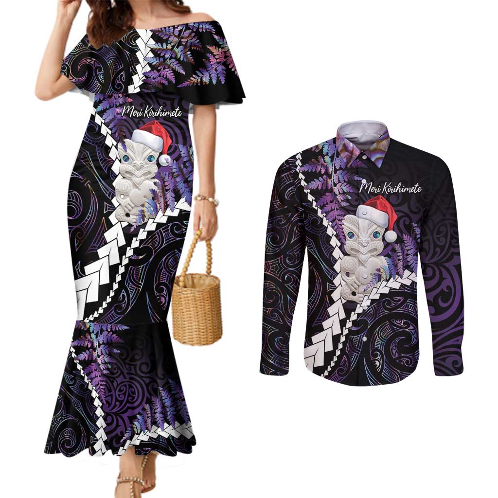 New Zealand Personalised Couples Matching Mermaid Dress and Long Sleeve Button Shirt Meri Kirihimete Kowhaiwhai Mix Paua Shell - Amethys LT7 Purple - Polynesian Pride