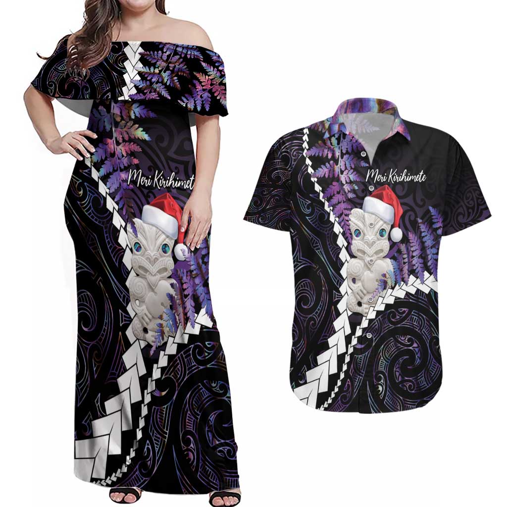 New Zealand Personalised Couples Matching Off Shoulder Maxi Dress and Hawaiian Shirt Meri Kirihimete Kowhaiwhai Mix Paua Shell - Amethys LT7 Purple - Polynesian Pride