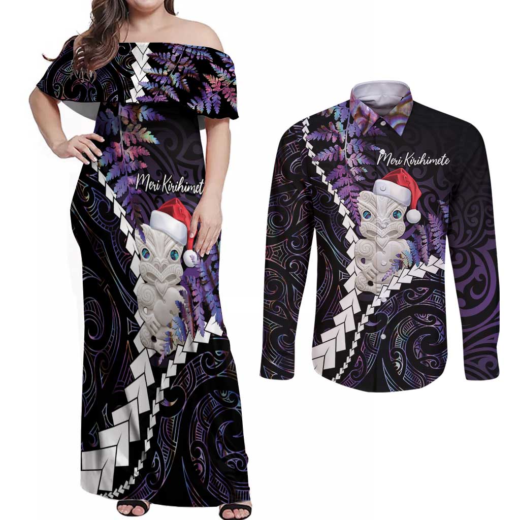 New Zealand Personalised Couples Matching Off Shoulder Maxi Dress and Long Sleeve Button Shirt Meri Kirihimete Kowhaiwhai Mix Paua Shell - Amethys LT7 Purple - Polynesian Pride