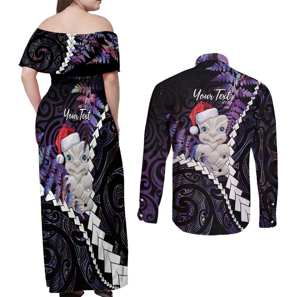 New Zealand Personalised Couples Matching Off Shoulder Maxi Dress and Long Sleeve Button Shirt Meri Kirihimete Kowhaiwhai Mix Paua Shell - Amethys LT7 - Polynesian Pride