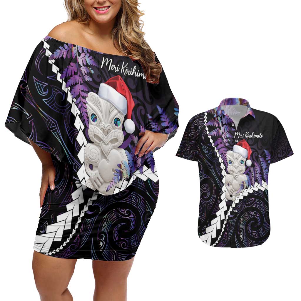 New Zealand Personalised Couples Matching Off Shoulder Short Dress and Hawaiian Shirt Meri Kirihimete Kowhaiwhai Mix Paua Shell - Amethys LT7 Purple - Polynesian Pride