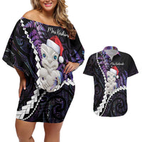 New Zealand Personalised Couples Matching Off Shoulder Short Dress and Hawaiian Shirt Meri Kirihimete Kowhaiwhai Mix Paua Shell - Amethys LT7 Purple - Polynesian Pride