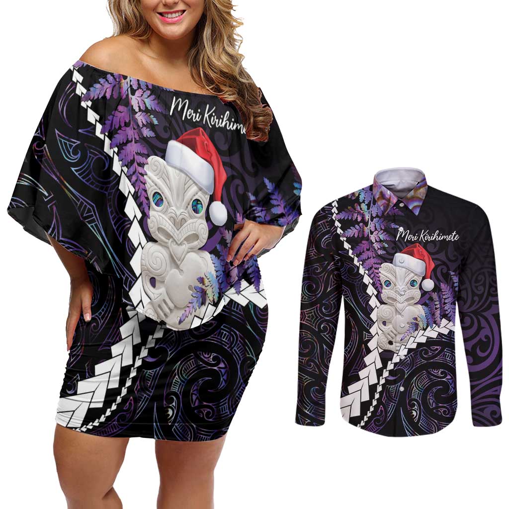 New Zealand Personalised Couples Matching Off Shoulder Short Dress and Long Sleeve Button Shirt Meri Kirihimete Kowhaiwhai Mix Paua Shell - Amethys LT7 Purple - Polynesian Pride