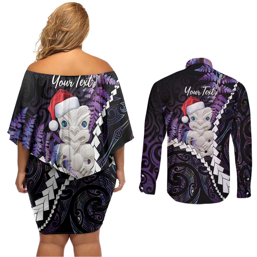 New Zealand Personalised Couples Matching Off Shoulder Short Dress and Long Sleeve Button Shirt Meri Kirihimete Kowhaiwhai Mix Paua Shell - Amethys LT7 - Polynesian Pride