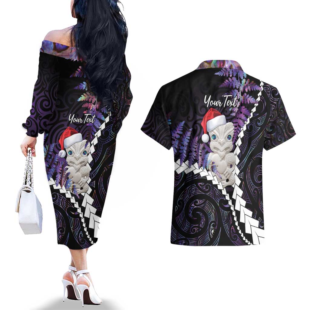 New Zealand Personalised Couples Matching Off The Shoulder Long Sleeve Dress and Hawaiian Shirt Meri Kirihimete Kowhaiwhai Mix Paua Shell - Amethys LT7 - Polynesian Pride