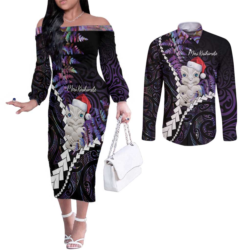New Zealand Personalised Couples Matching Off The Shoulder Long Sleeve Dress and Long Sleeve Button Shirt Meri Kirihimete Kowhaiwhai Mix Paua Shell - Amethys LT7 Purple - Polynesian Pride